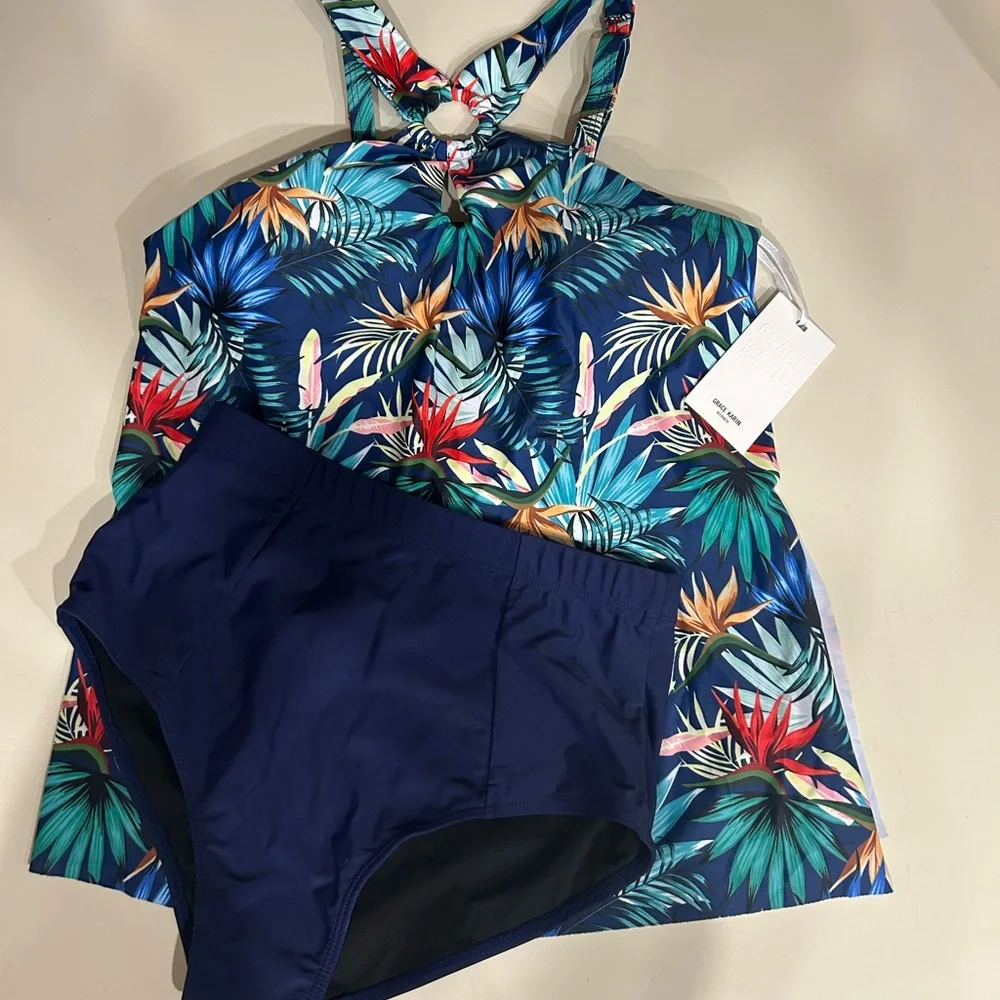 NWT Grace Karin Tropical Navy Blue Floral Women’s Tankini - Picture 2 of 8